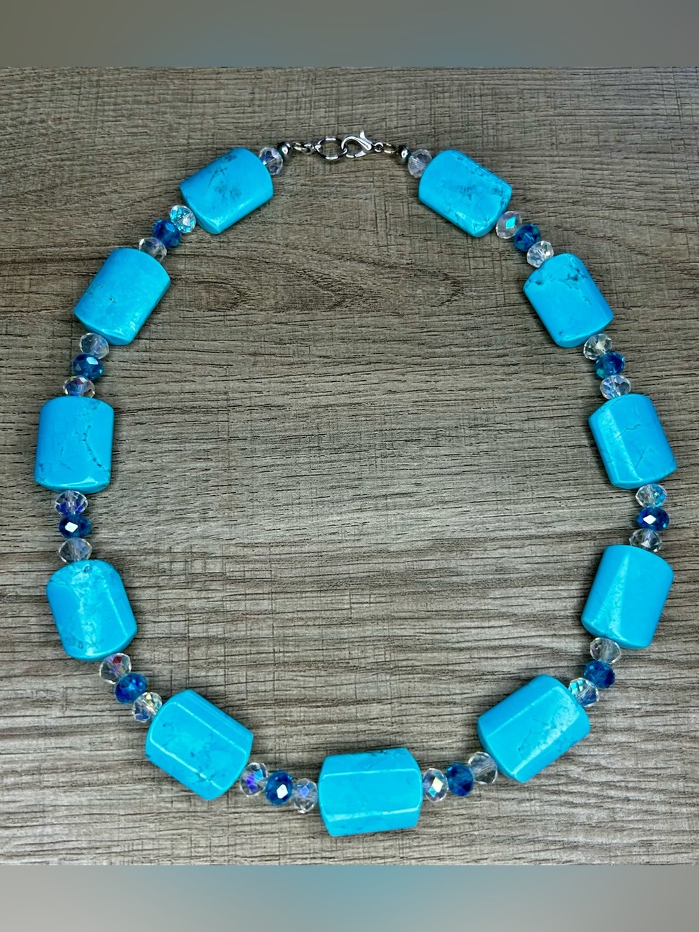 Turquoise Beaded Necklace Blue Stone & Crystal Accent Handmade